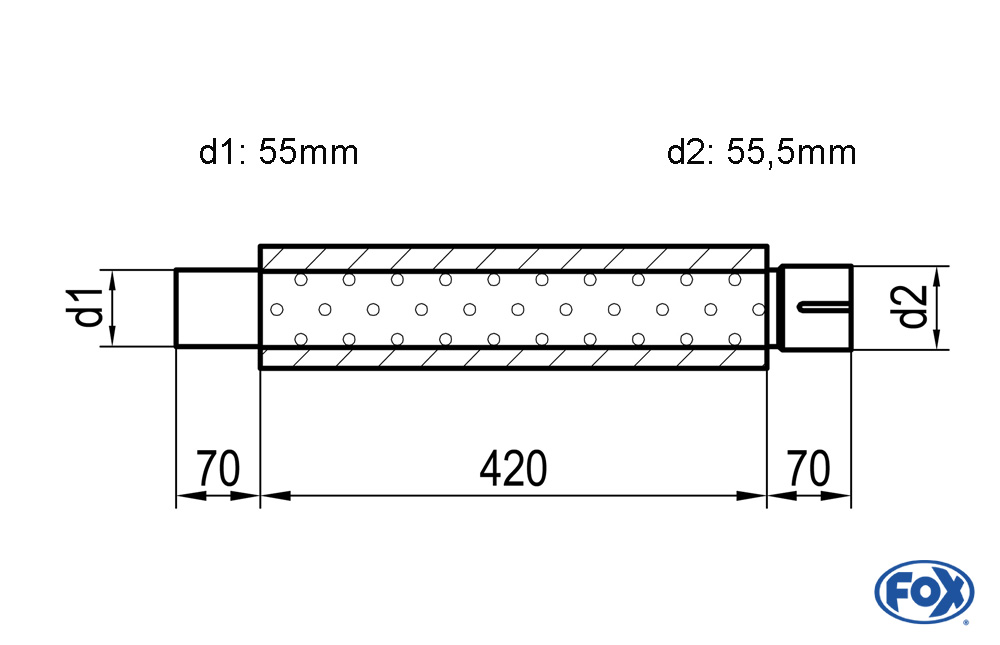Fox Exhaust universal-silencer round with pipe union - Ø 100mm d1Ø 55mm  d2 Ø 55,5mm  lenght: 420mm