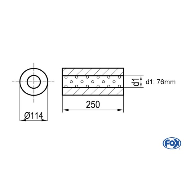 Fox Exhaust universal-silencer round without pipe union - Ø 114mm d1Ø 76mm  lenght: 250mm