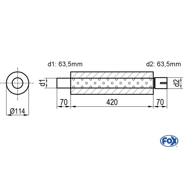 Fox Exhaust universal-silencer round with pipe union - Ø 114mm d1Ø 63,5mm  d2 Ø 64mm  lenght: 420mm