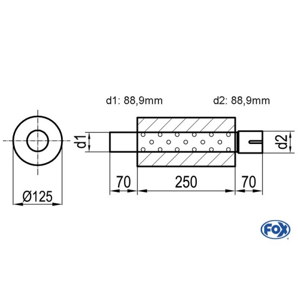 Fox Exhaust universal-silencer round with pipe union - Ø 125mm d1Ø 88,9mm outside - d2 Ø 88,9mm inside - lenght: 250mm