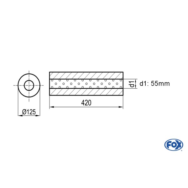 Fox Exhaust universal-silencer round without pipe union - Ø 125mm d1Ø 55mm  lenght: 420mm