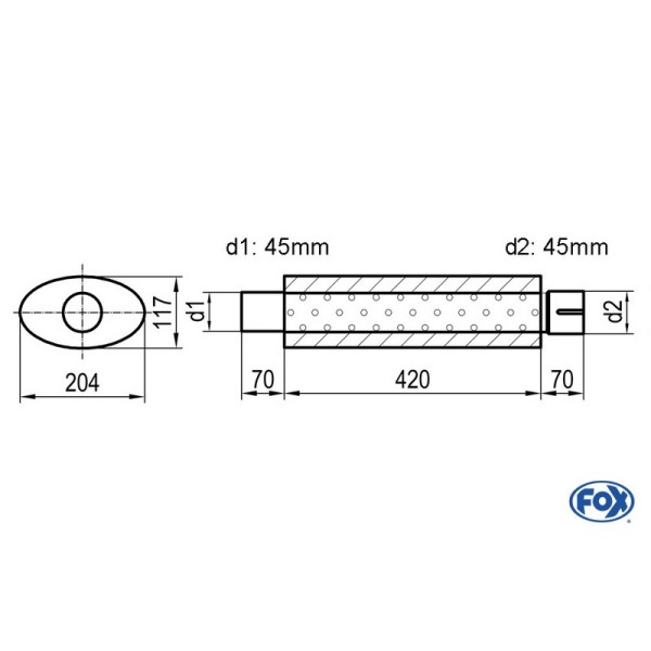 Fox Exhaust universal-silencer oval with pipe union - blank 525 d1Ø 45mm  d2 Ø 45,5mm  lenght: 420mm