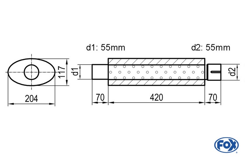 Fox Exhaust universal-silencer oval with pipe union - blank 525 d1Ø 55mm  d2 Ø 55,5mm  lenght: 420mm