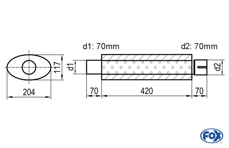 Fox Exhaust universal-silencer oval with pipe union - blank 525 d1Ø 70mm  d2 Ø 70,5mm  lenght: 420mm
