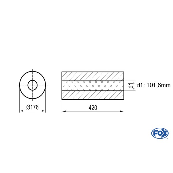 Fox Exhaust universal-silencer round without pipe union - blank 556 d1Ø 88,9mm outside - d2 Ø 88,9mm inside - lenght: 420mm