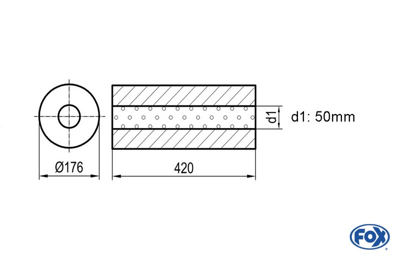 Fox Exhaust universal-silencer round without pipe union - blank 556 d1Ø 50mm  lenght: 420mm - Ø 176mm