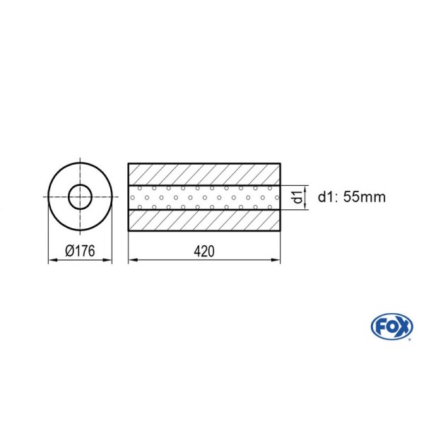 Fox Exhaust universal-silencer round without pipe union - blank 556 d1Ø 55mm  lenght: 420mm - Ø 176mm