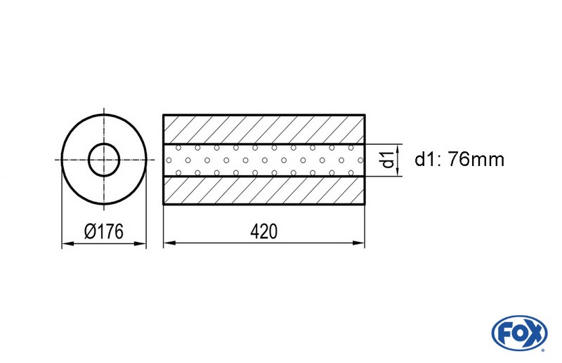 Fox Exhaust universal-silencer round without pipe union - blank 556 d1Ø 76mm  lenght: 420mm