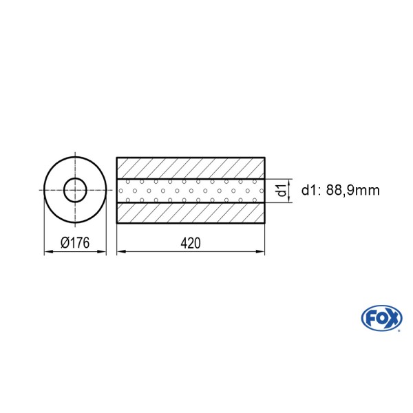 Fox Exhaust universal-silencer round without pipe union - blank 556 d1Ø 80mm  lenght: 420mm - Ø 176mm