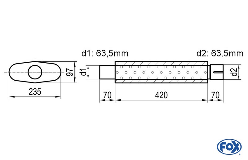 Fox Exhaust universal-silencer oval with pipe union - blank 558 d1Ø 63,5mm  d2 Ø 64mm  lenght: 420mm