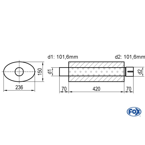 Fox Exhaust universal-silencer oval with pipe union - blank 618 d1Ø 101,6mm outside - d2Ø 106,6mm inside, lenght: 420mm