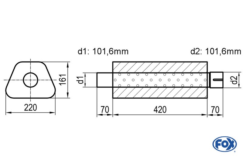 Fox Exhaust universal-silencer trapeze with pipe union - blank 644 d1Ø 101,6mm  d2 Ø 101,6mm  lenght: 420mm