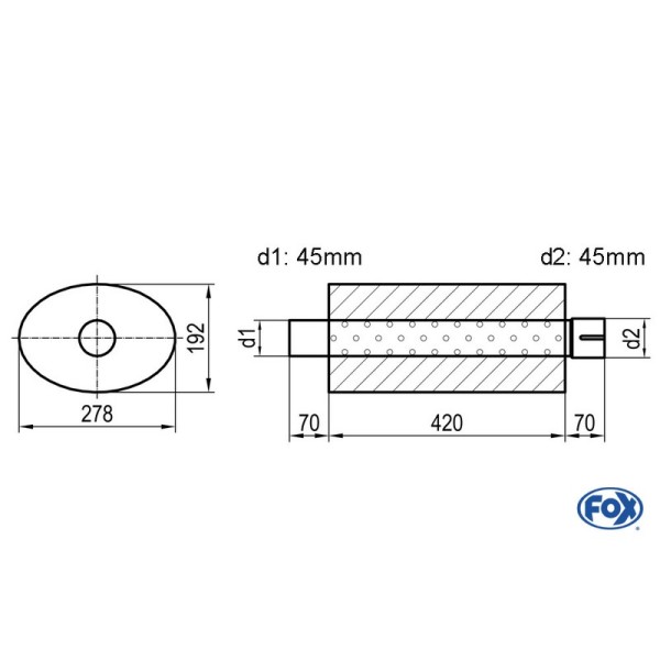 Fox Exhaust universal-silencer oval with pipe union - blank 754 d1Ø 45mm  d2 Ø 45,5mm  lenght: 420mm