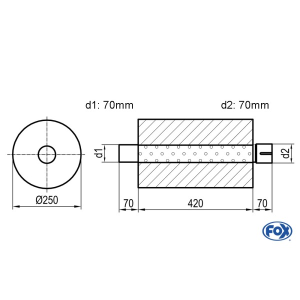Fox Exhaust universal-silencer round with pipe union - blank 784 d1: 70mm, d2: 70mm inside - lenght: 420mm - Ø250mm