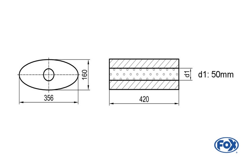 Fox Exhaust universal-silencer oval without pipe union - blank 818 d1Ø 50mm  lenght: 420mm