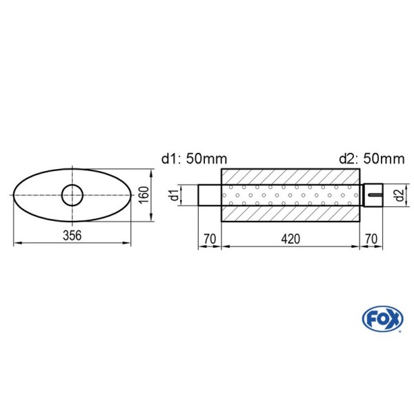 Fox Exhaust universal-silencer oval with pipe union - blank 818 d1Ø 50mm  d2 Ø 50,5mm  lenght: 420mm