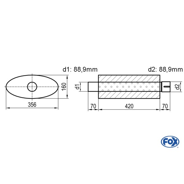 Fox Exhaust universal-silencer oval with pipe union - blank 818 d1Ø 88,9mm  d2Ø 88,9mm lenght: 420mm
