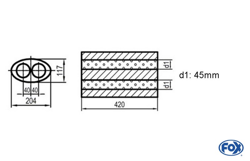 Fox Exhaust universal-silencer oval double flow - blank 525 d1Ø 45mm  lenght: 420mm