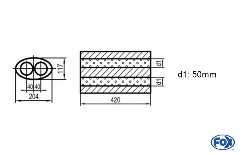 Fox Exhaust universal-silencer oval double flow - blank 525 d1Ø 50mm  lenght: 420mm