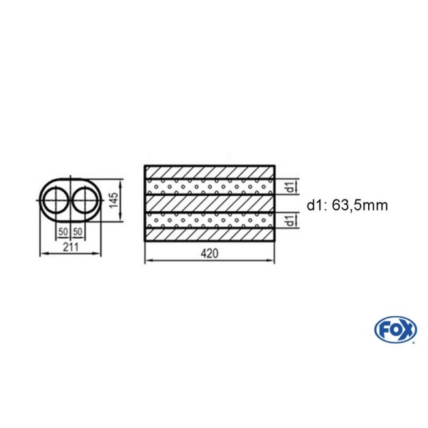 Fox Exhaust universal-silencer oval double flow - blank 585 d1Ø 63,5mm  lenght: 420mm