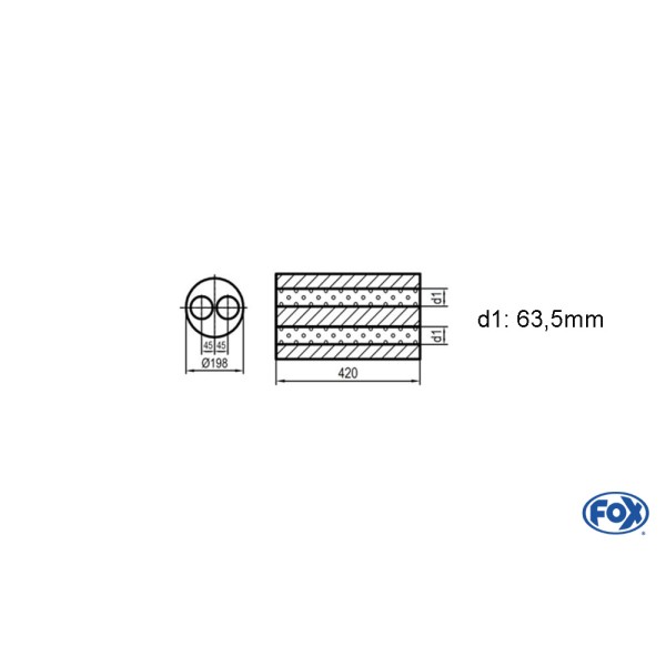 Fox Exhaust universal-silencer round double flow - blank 626 double flow, d1Ø 63,5mm  lenght: 420mm - Ø 198mm