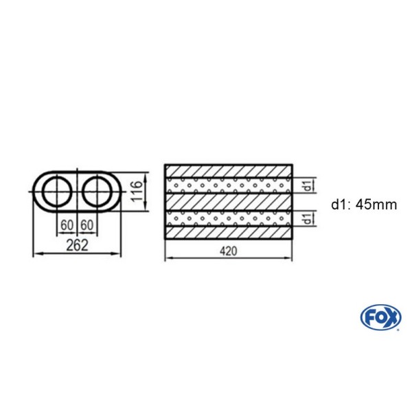 Fox Exhaust universal-silencer oval double flow - blank 650 d1Ø 45mm  lenght: 420mm