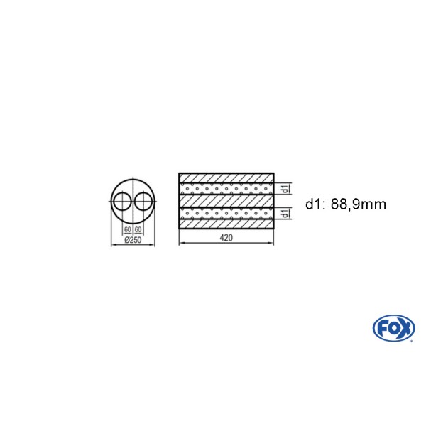 Fox Exhaust universal-silencer round double flow  - blank 784 d1: 88mm  lenght: 420mm - Ø250mm