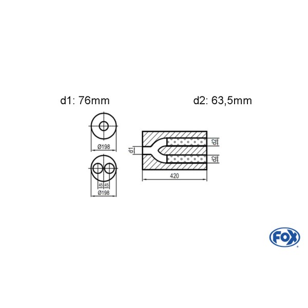 Fox Exhaust universal-silencer round double flow with y-constr. - blank  d1Ø 76mm  d2 Ø 2x63,5mm  lenght: 420mm - Ø198mm
