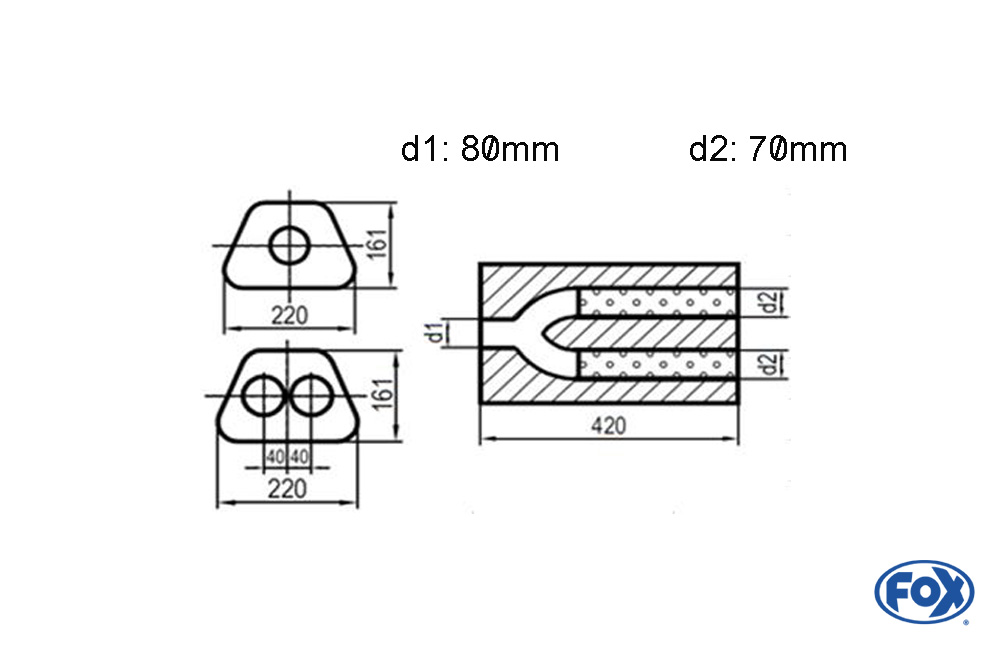 Fox Exhaust universal-silencer trapeze double flow with y-constr. - 644 d1Ø 80mm  d2 Ø 70mm  lenght: 420mm