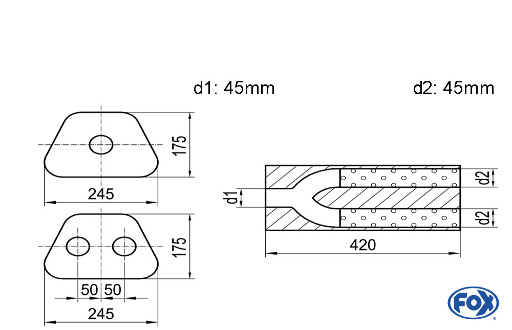 Fox Exhaust universal-sil. trapez double flow with y-constr.- blank 71 d1Ø 45mm outside/ d2 Ø 2x40mm outside - lenght: 420mm