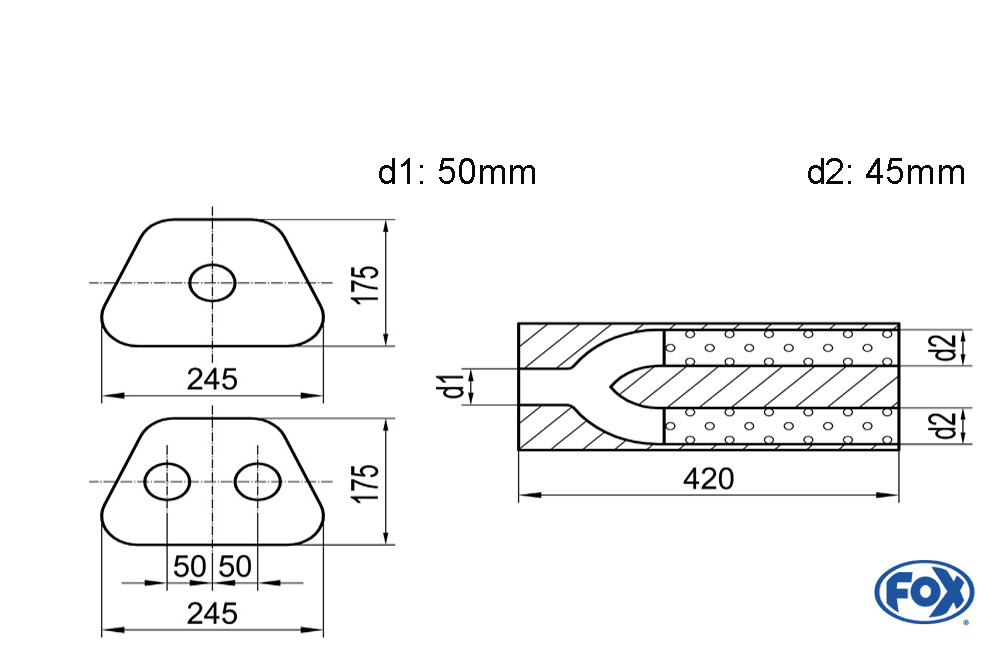 Fox Exhaust universal-sil. trapez double flow with y-constr.- blank 71 d1Ø 50mm outside/ d2 Ø 2x45mm outside - lenght: 420mm
