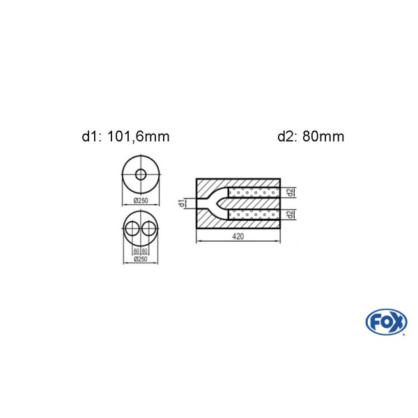 Fox Exhaust universal-silencer oval double flow with y-constr.- blank 78 d1: 88,9mm, d2: 76mm inside - lenght: 420mm - Ø250mm