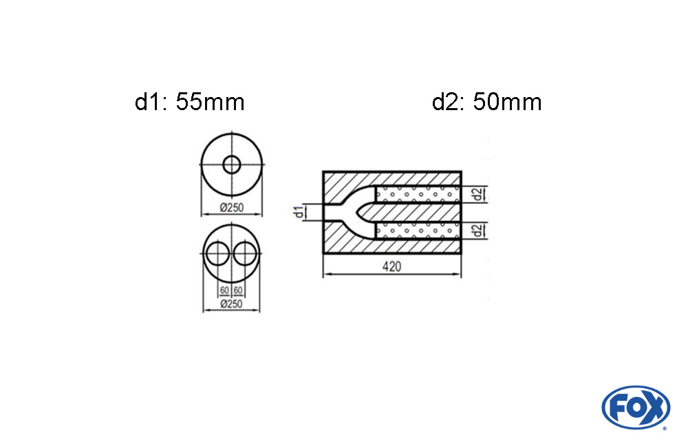 Fox Exhaust universal-silencer oval double flow with y-constr.- blank 78 d1: 55mm, d2: 50mm inside - lenght: 420mm - Ø250mm