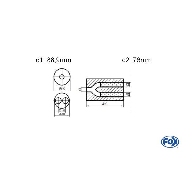 Fox Exhaust universal-silencer oval double flow with y-constr.- blank 78 d1: 80mm, d2: 70mm inside - lenght: 420mm - Ø250mm