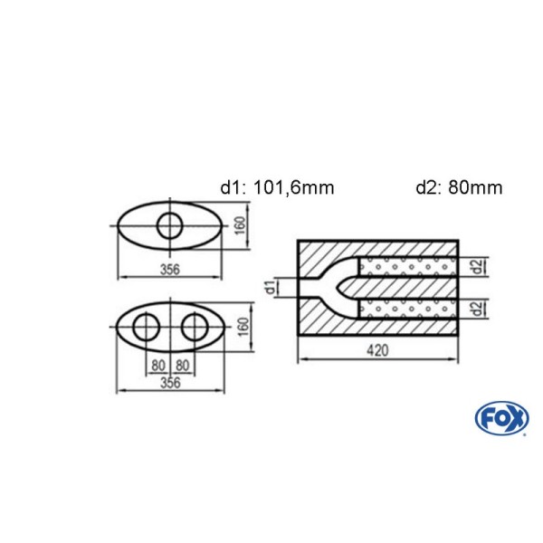 Fox Exhaust universal-silencer oval double flow with y-constr. - blank 8 d1Ø 101,6mm  d2 Ø 80mm  lenght: 420mm