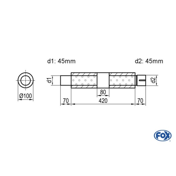 Fox Exhaust univ.-silencer round with pipe union with housing - Ø 100 211x145mm, d1Ø 45mm (outside), d2Ø 45mm (inside) - lenght: 420mm