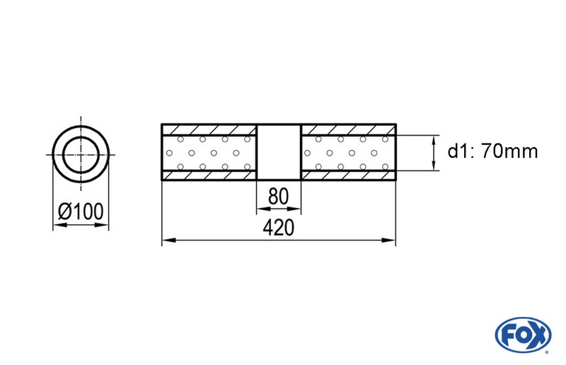 Fox Exhaust univ.-silencer round without pipe union with housing - Ø 100 Ø 100mm, d1Ø 70mm (outside), lenght: 420mm