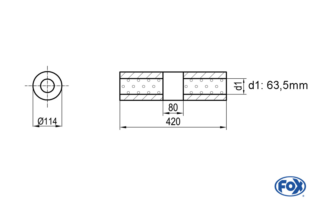 Fox Exhaust univ.-silencer round without pipe union with housing - Ø 114 Ø 114mm, d1Ø 63,5mm (outside), lenght: 420mm