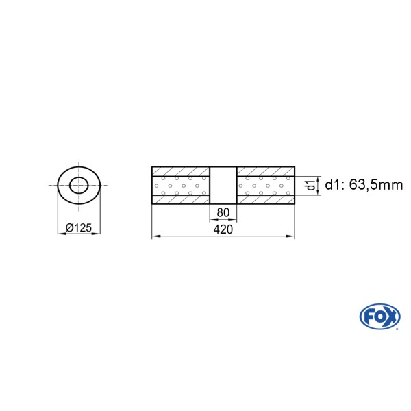 Fox Exhaust univ.-silencer round without pipe union with housing - Ø 125 Ø 125mm, d1Ø 63,5mm (outside), lenght: 420mm
