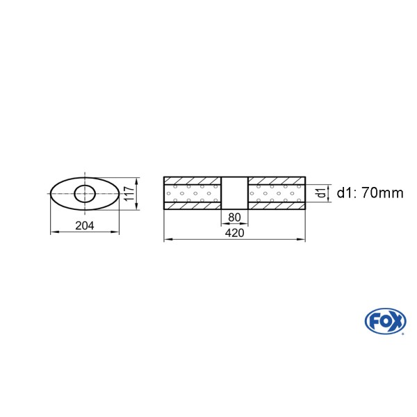 Fox Exhaust univ.-silencer oval without pipe union singel flow - 525 204x117mm, d1Ø 70mm (outside), lenght: 420mm