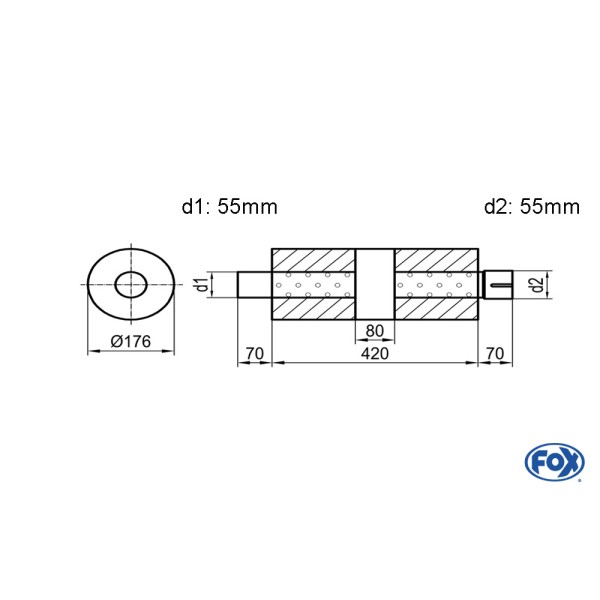 Fox Exhaust univ.-silencer round without pipe union with housing - 556 Ø 176mm, d1Ø 55mm (outside), d2Ø 55mm (inside) - lenght: 420mm