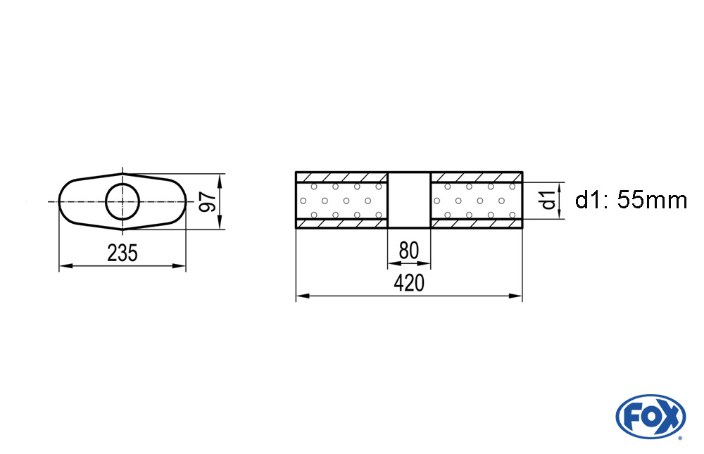 Fox Exhaust univ.-silencer oval without pipe union with housing - 558 235x97mm, d1Ø 55mm (outside), lenght: 420mm