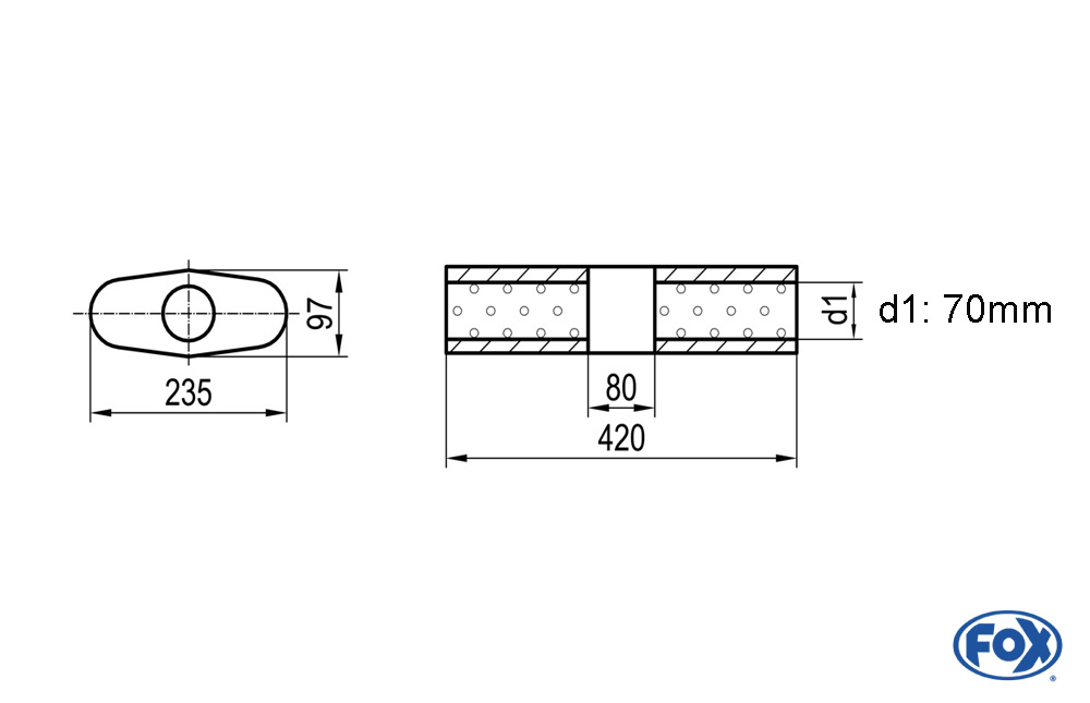 Fox Exhaust univ.-silencer oval without pipe union with housing - 558 235x97mm, d1Ø 70mm (outside), lenght: 420mm
