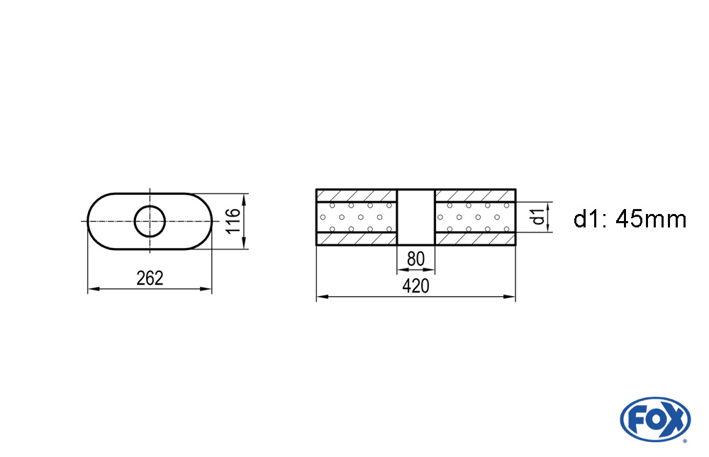 Fox Exhaust univ.-silencer oval with pipe union with housing - 650 262x116mm, d1Ø 45mm - lenght: 420mm