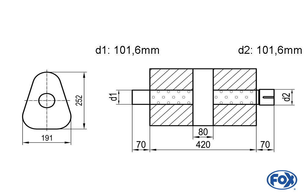 Fox Exhaust univ.-silencer tringula with pipe union with housing - 725 191x252mm, d1Ø 101,6mm (outside), d2Ø 101,6mm (inside) - lenght: 420mm