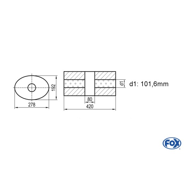 Fox Exhaust univ.-silencer oval with pipe union with housing - 754 278x192mm, d1Ø 101,6mm - lenght: 420mm