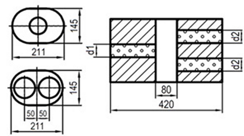 Fox Exhaust universal-silencer oval double flow with chamber - blank 585 d1Ø 76mm  d2 Ø 63,5mm  lenght: 420mm - variant 2
