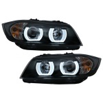GoldCar Faros halógenos U-LED 3D compatibles con BMW Serie 3 E90 Sedan E91 Touring (03.2005-08.2008) LHD Negro