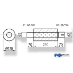 Fox Exhaust Silenciador redondo universal con espiga - desarrollo 390 Ø 125 mm, d1Ø 55 mm d2Ø 55,5 mm, longitud: 250 mm