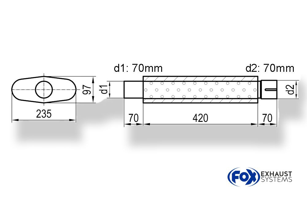 UNI-55842070S_1000x645 Fox Exhaust Silenciador ovalado universal con espiga - dimensiones 558 235 x 97 mm, d1Ø 70 mm d2Ø 70,5 mm, longitud: 420 mm - Imagen 1